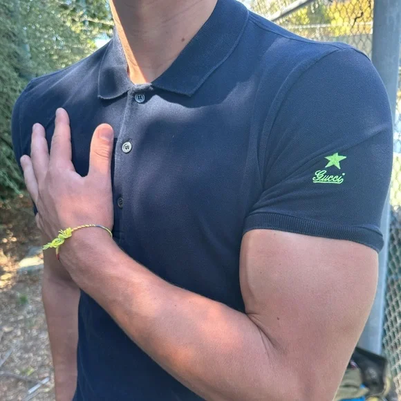 GUCCI SHOOTING LUCKY STAR NEON VOLT GREEN NAVY BLUE UNIFORM POLO SHIRT TENNIS S - Picture 3 of 16